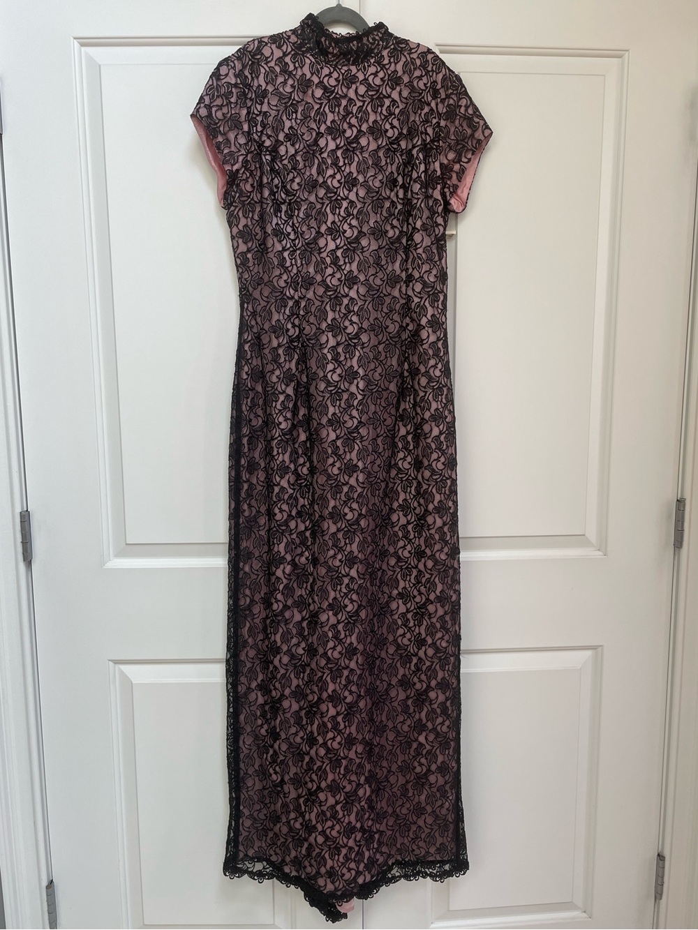 VTG Jessica McClintock Black Lace Cheongsam Gown Pink Lined Maxi Dress 10 USA - Picture 2 of 14